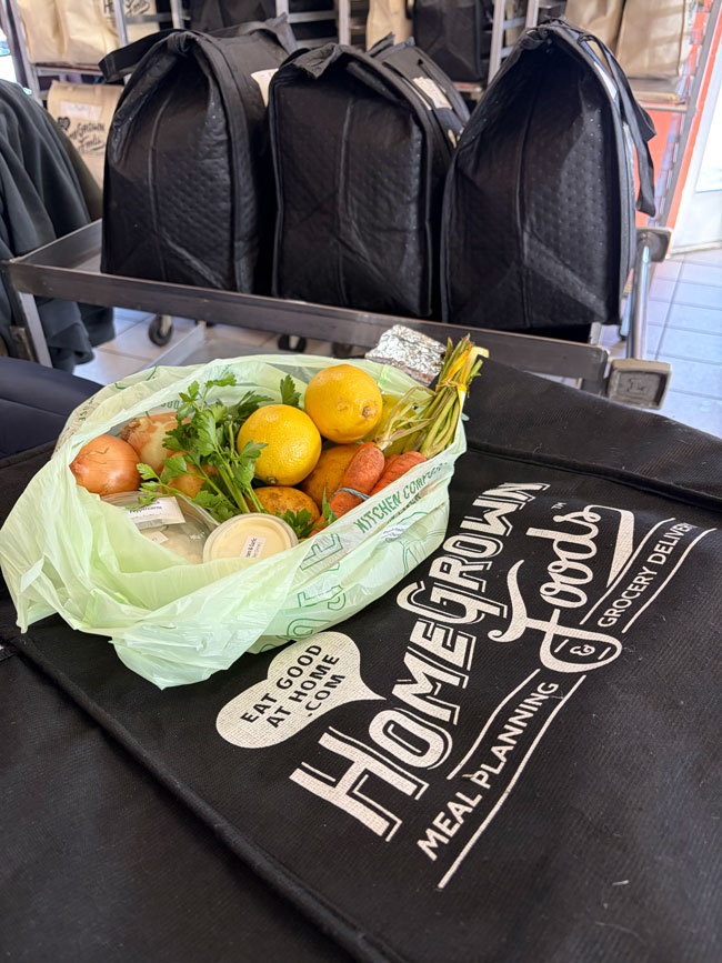 Homegrown Foods meal kit ingredients packed with reusable delivery materials