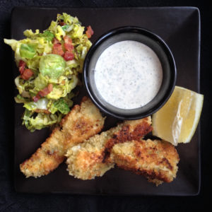 Halibut Fish Sticks and Brussel Sprout Slaw