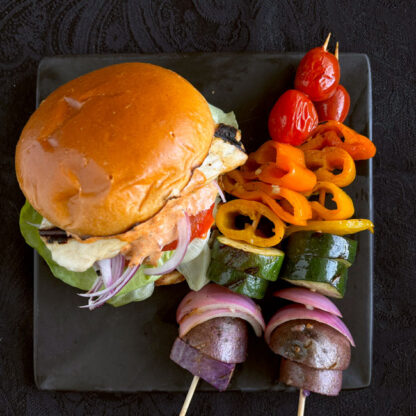 Halloumi Burgers with Rainbow Veggie Skewers