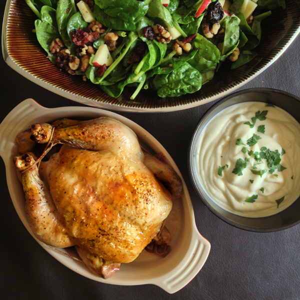 Roast Chicken with Celery Root Purée and Spinach Salad