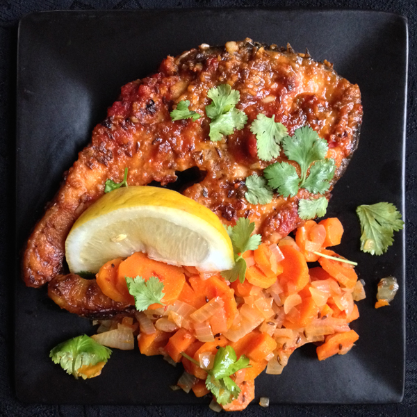 Fish Steaks in Chraimeh Sauce and Spicy Carrot Salad